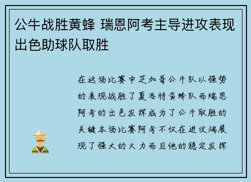 公牛战胜黄蜂 瑞恩阿考主导进攻表现出色助球队取胜
