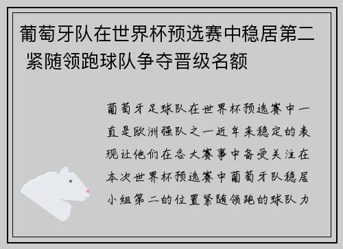 葡萄牙队在世界杯预选赛中稳居第二 紧随领跑球队争夺晋级名额