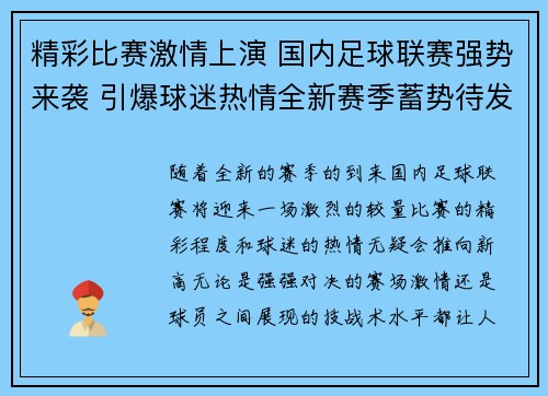 精彩比赛激情上演 国内足球联赛强势来袭 引爆球迷热情全新赛季蓄势待发