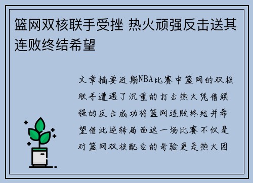篮网双核联手受挫 热火顽强反击送其连败终结希望